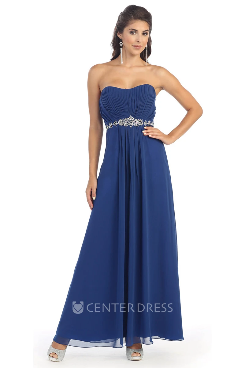 A-Line Strapless Chiffon Corset Back Dress With Waist Jewellery And Pleats