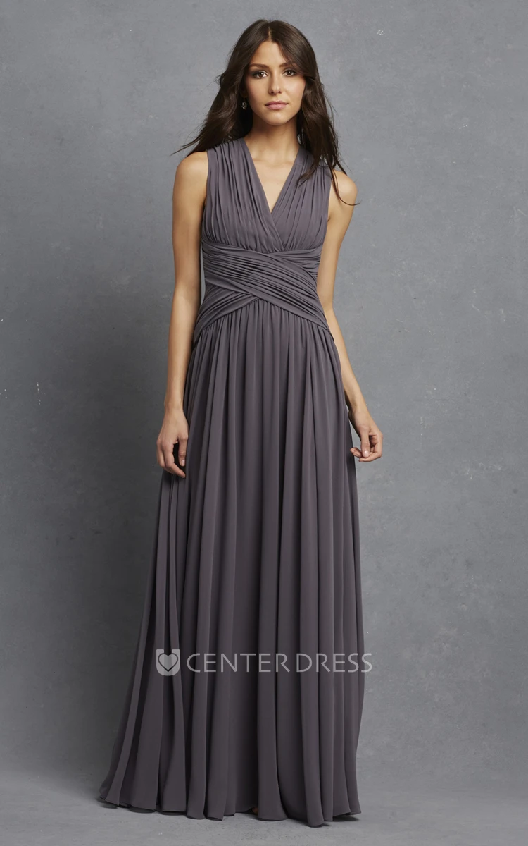 Sleeveless Chiffon V-Neck Dress With Crisscross Ruching