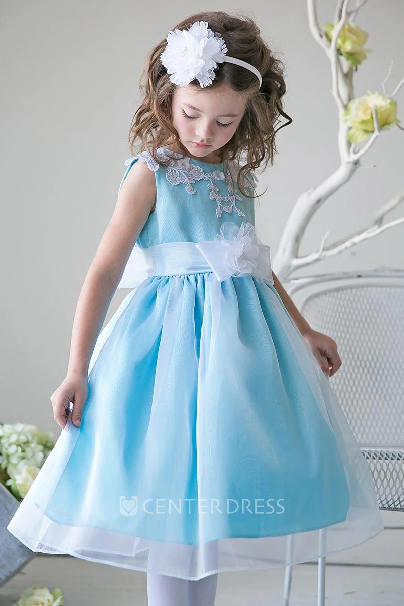 Split-Front Tea-Length Beaded Appliqued Lace&Sequins Flower Girl Dress With Tiers