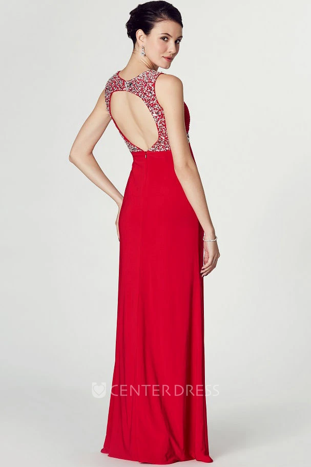 Floor-Length Sleeveless Beaded Strapped Jersey Prom Dress With Keyhole