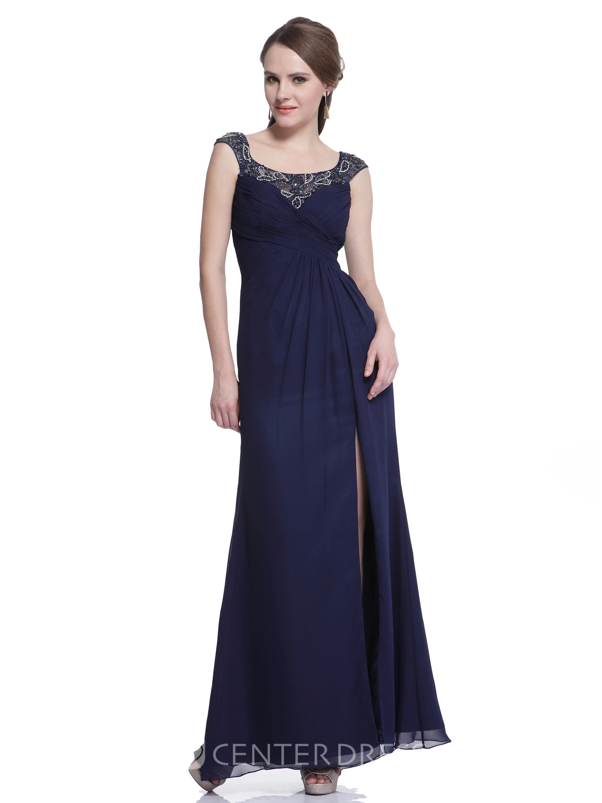 Sheath Cap-Sleeve Chiffon Illusion Dress With Beading And Split Front