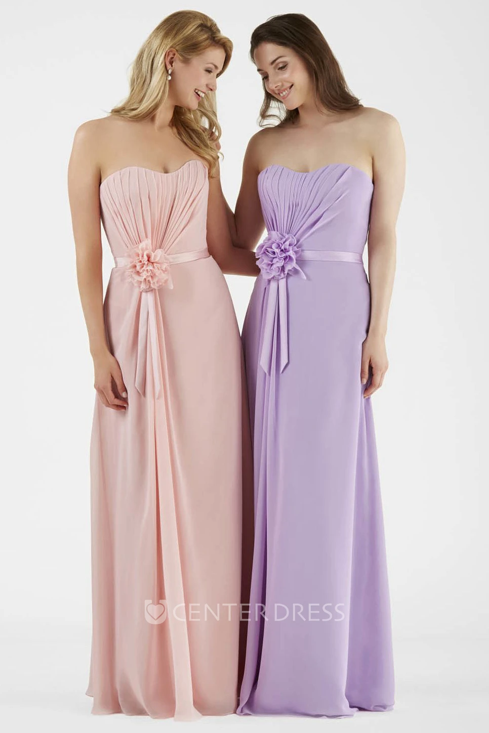 Strapless Ruched Chiffon Bridesmaid Dress With Flower And Sash
