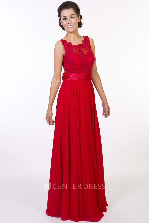 A-Line Appliqued Scoop Sleeveless Maxi Chiffon Prom Dress With Keyhole Back
