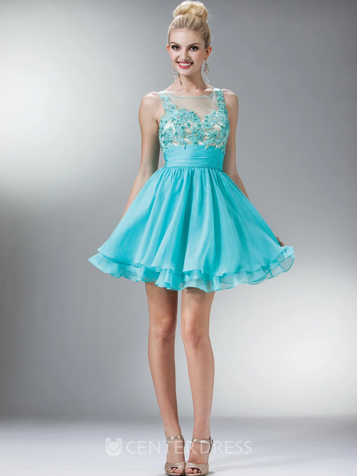 A-Line Short Bateau Sleeveless Chiffon Dress With Appliques And Tiers