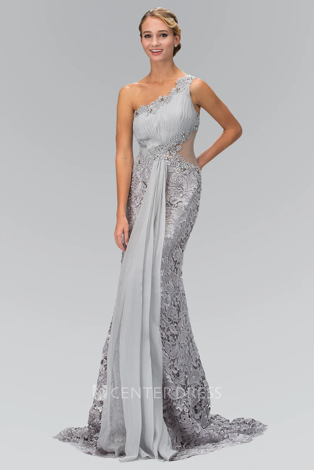 Sheath Floor-Length One-Shoulder Sleeveless Lace Dress With Ruching