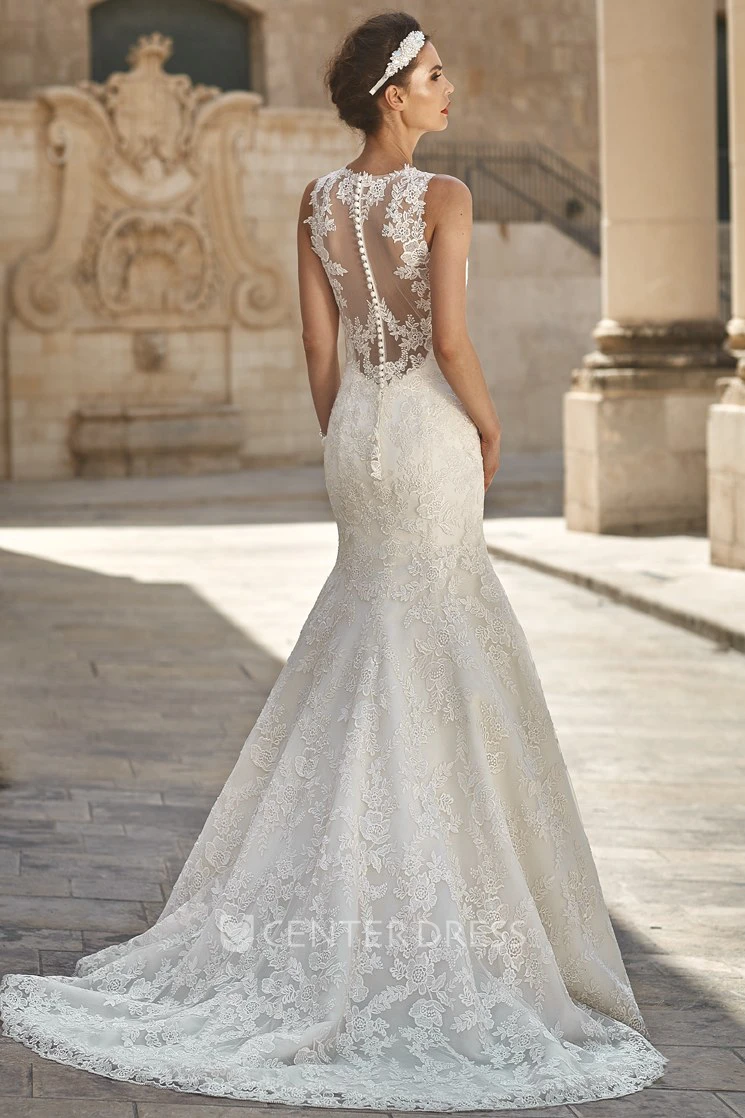 Mermaid Sleeveless Scoop-Neck Appliqued Floor-Length Lace Wedding Dress