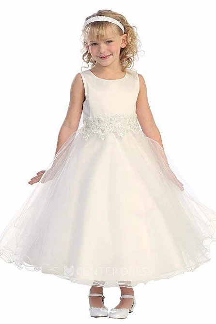 Floral Tea-Length Tiered Bell-Sleeve Tulle&Lace Flower Girl Dress