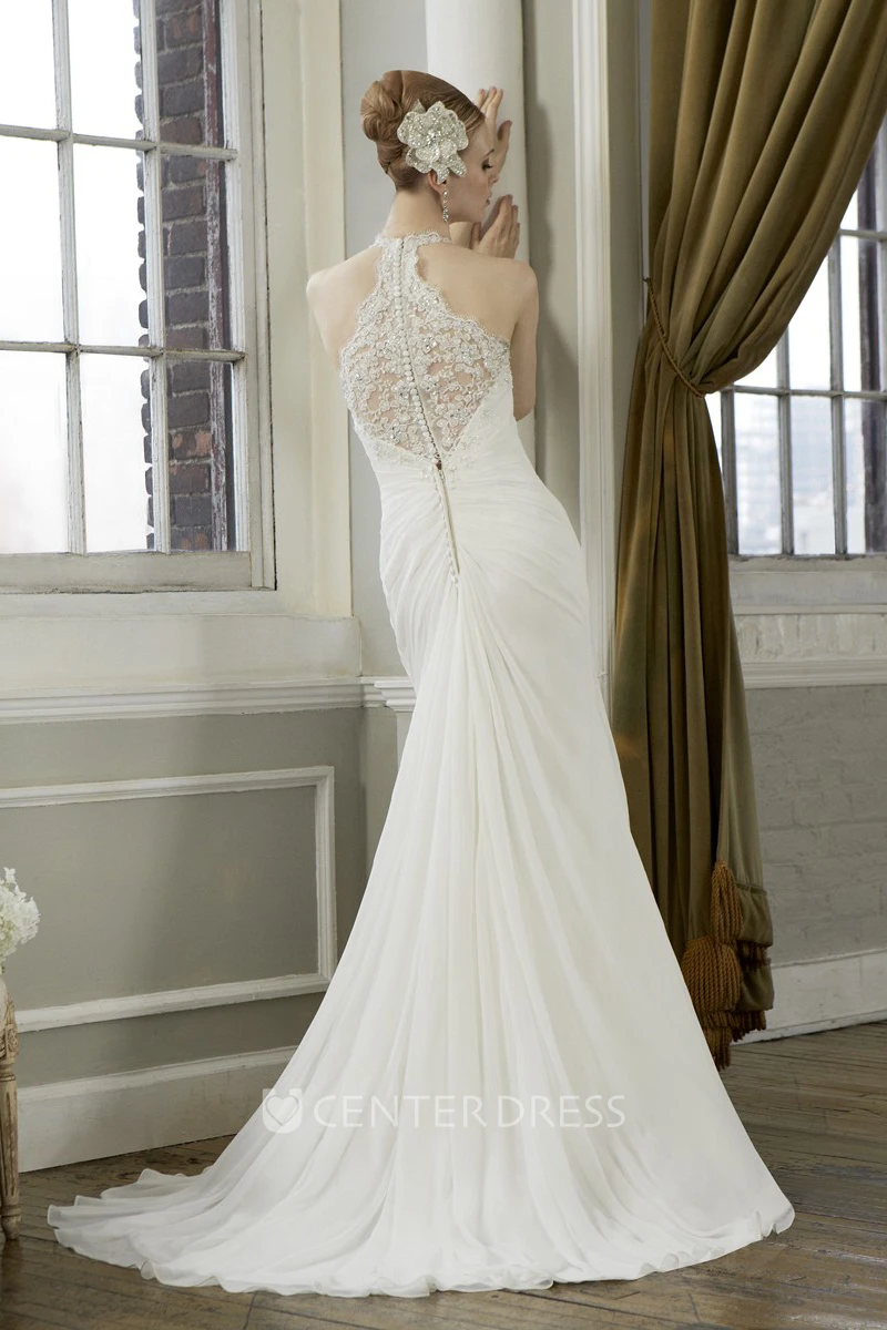 Sheath V-Neck Long Appliqued Sleeveless Chiffon Wedding Dress With Draping And Illusion Back