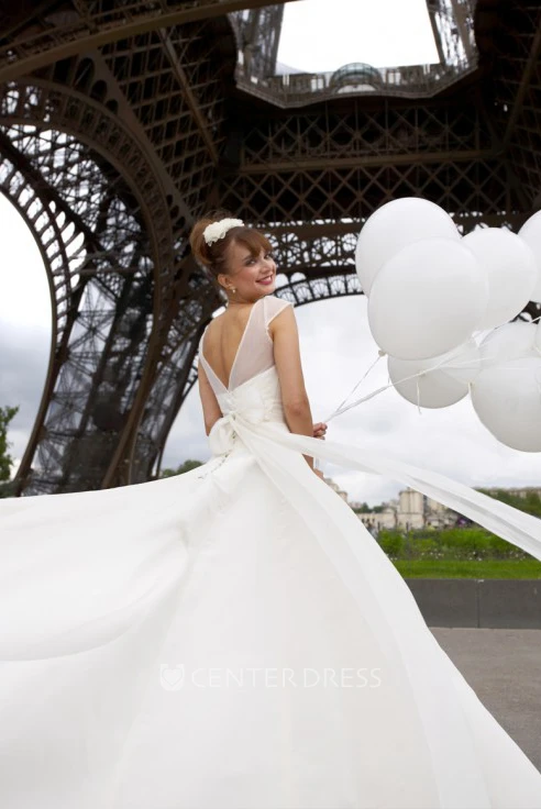 Maxi Scoop Bowed Satin Spring Wedding Dress With V Back