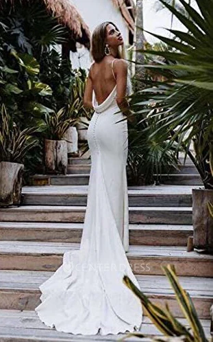 Satin Mermaid Wedding Dress with V-neck and Open Back Elegant Satin V-neck Wedding Dress