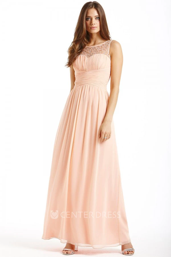 Ankle-Length Ruched Bateau Neck Sleeveless Chiffon Bridesmaid Dress