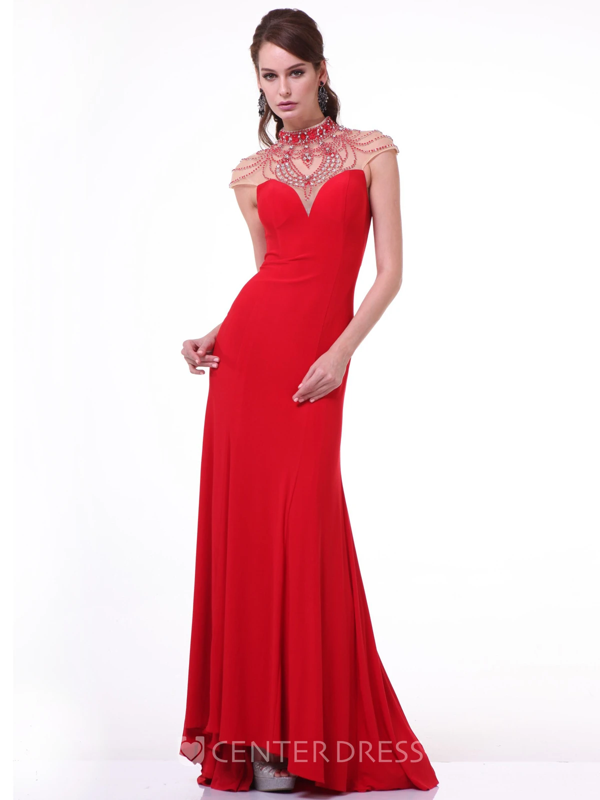 Sheath High Neck Cap-Sleeve Jersey Keyhole Dress With Crystal Detailing