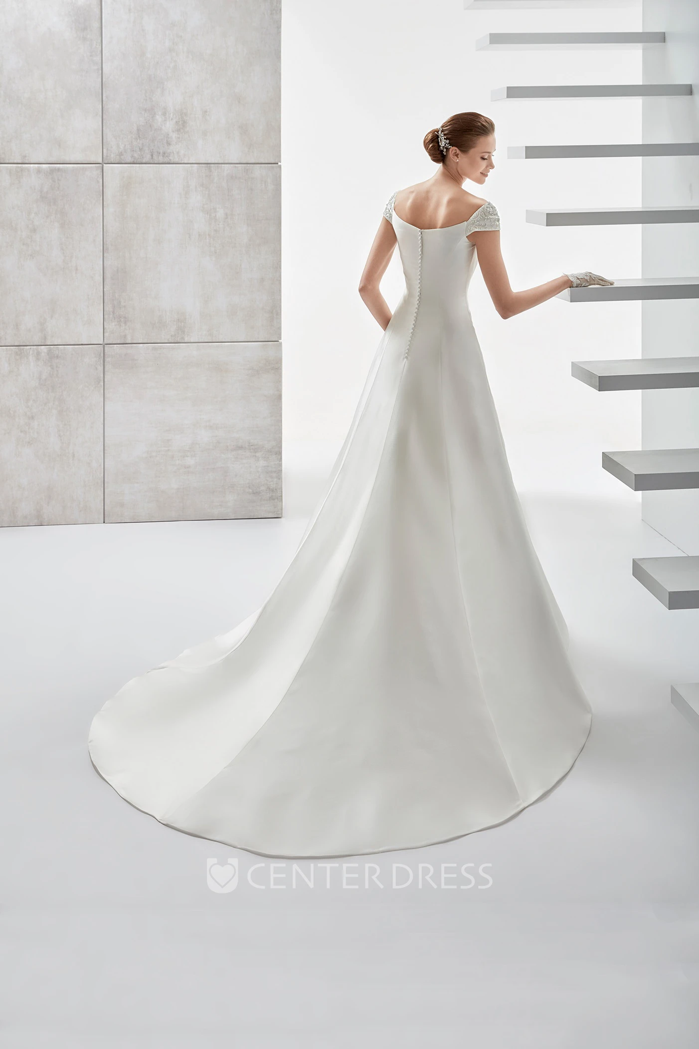 Simple Cap-Sleeve Satin A-Line Wedding Dress With Brush Train And Lace Straps