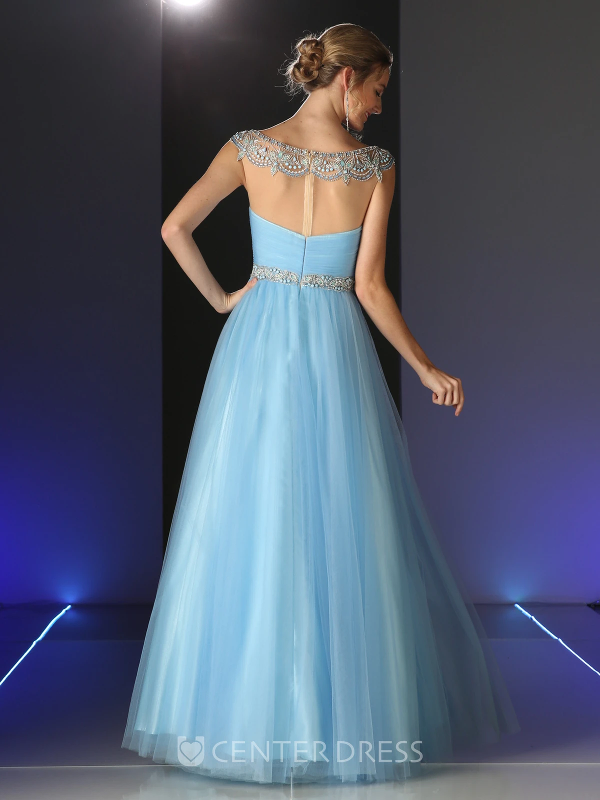 A-Line Long Scoop-Neck Cap-Sleeve Tulle Illusion Dress With Beading And Ruching