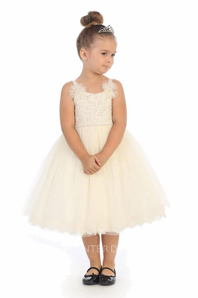 Tea-Length Embroideried Bowed Tiered Tulle&Lace Flower Girl Dress With Corset Back