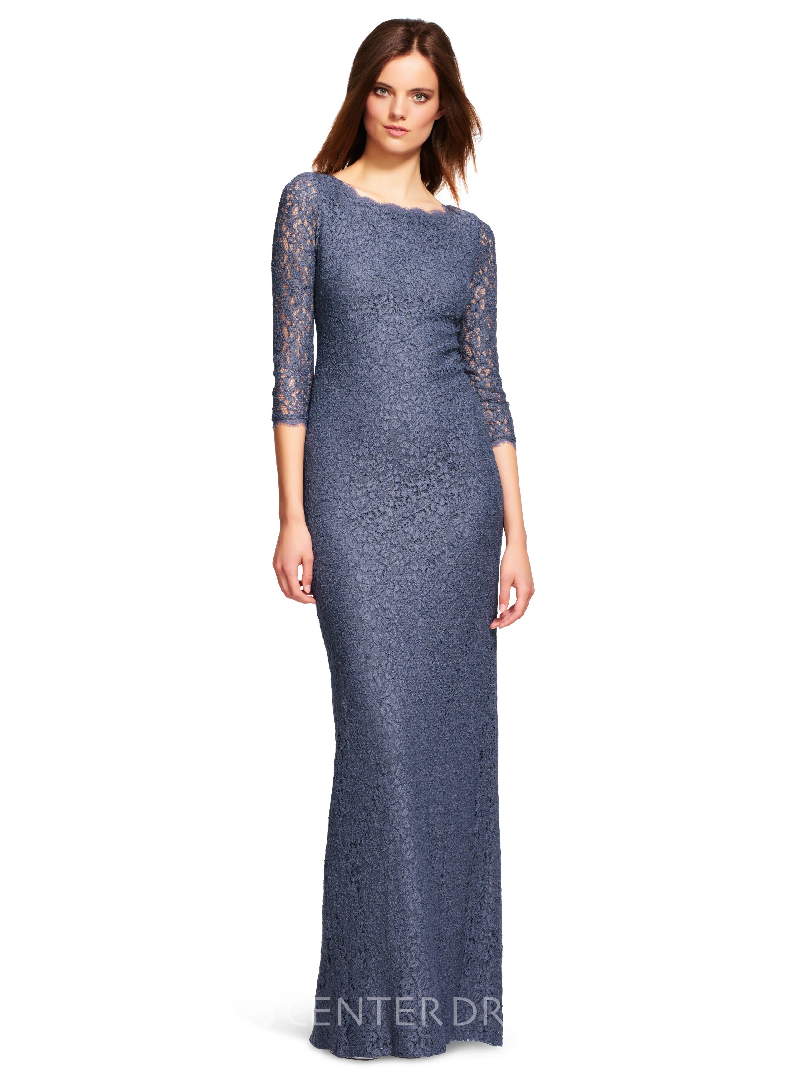 Sheath 3-4-Sleeve Bateau-Neck Long Split-Back Lace Bridesmaid Dress