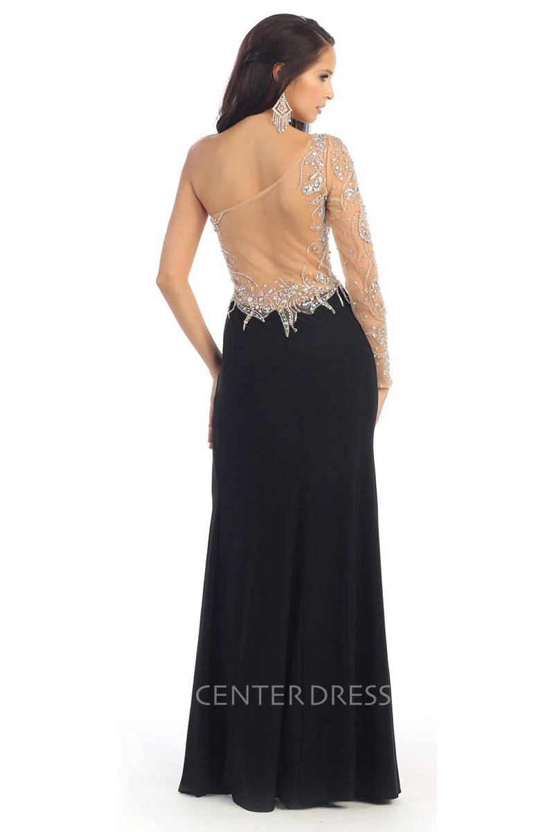 Sheath One-Shoulder Illusion Long Sleeve Jersey Dress With Split Front And Beading