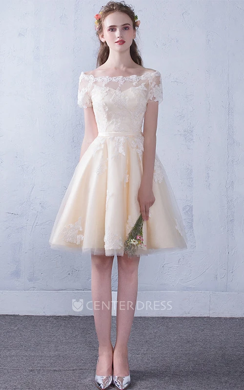 Lace Tulle Off-the-shoulder Knee-length Prom Dress With Appliques
