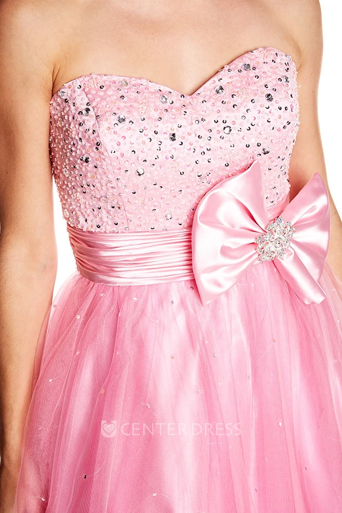 A-Line Sleeveless Sequined Sweetheart Floor-Length Tulle&Satin Prom Dress With Bow