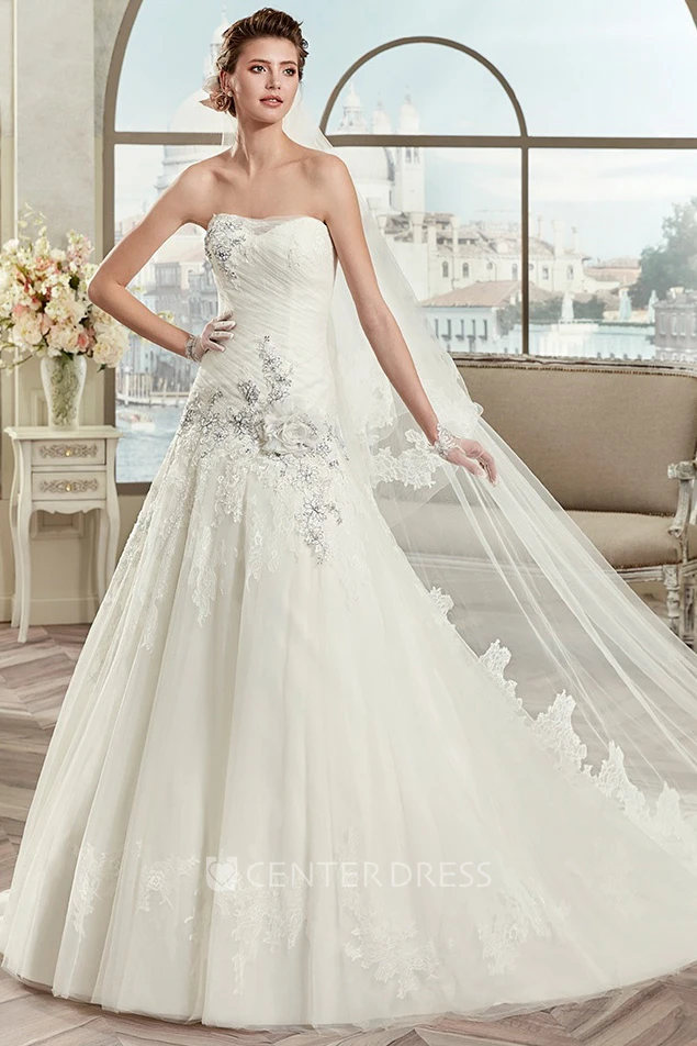Strapless A-Line Pleated Bridal Gown With Fine Appliques And Court Train
