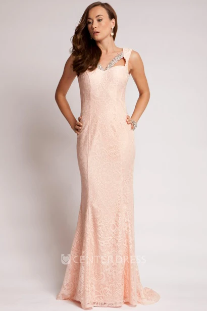 Sheath Floor-Length Sleeveless Beaded Lace Prom Dress