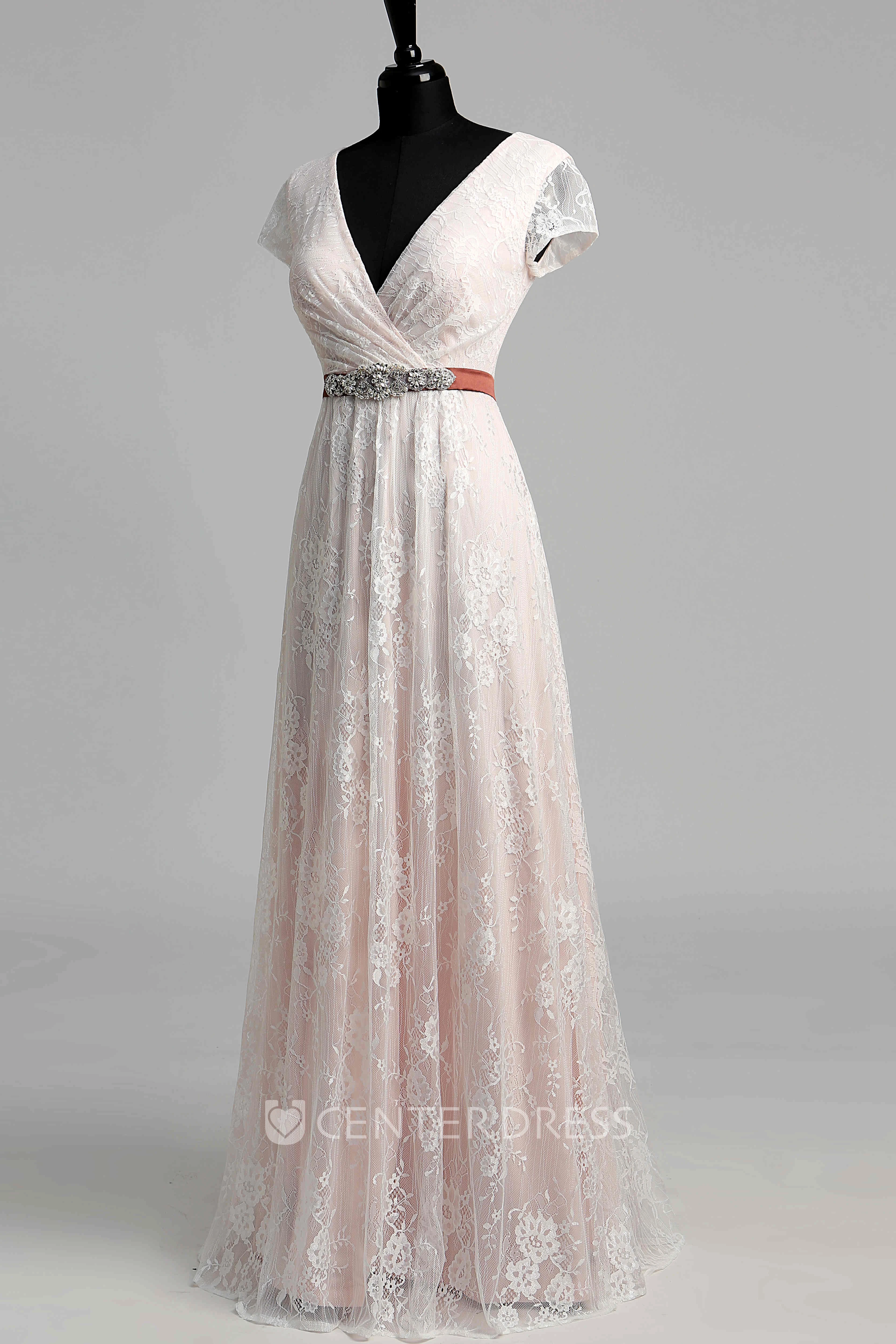 A Line Beach Floor-length Beading Sash Ribbon Lace Warm Wedding Dress