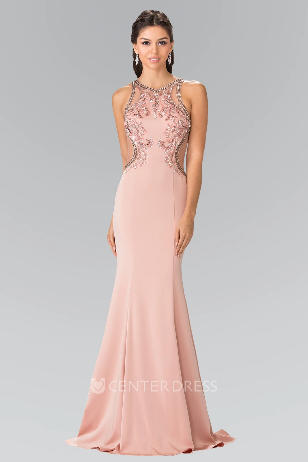 Sheath Scoop-Neck Sleeveless Jersey Illusion Dress With Beading And Sequins