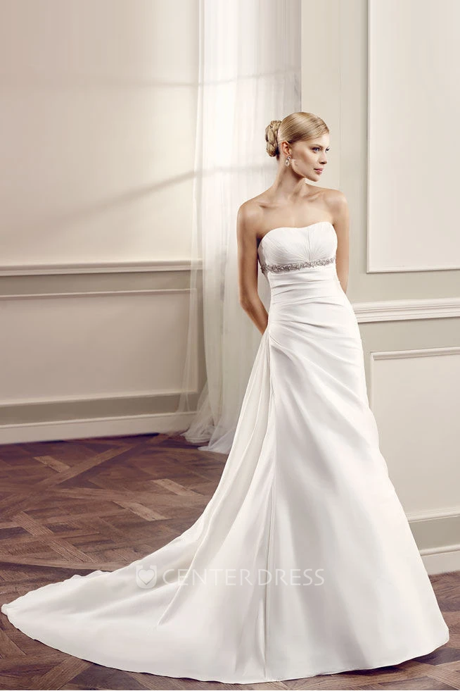 Strapless Floor-Length Side-Draped Chiffon Wedding Dress With Court Train And V Back
