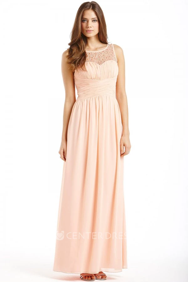 Ankle-Length Ruched Bateau Neck Sleeveless Chiffon Bridesmaid Dress