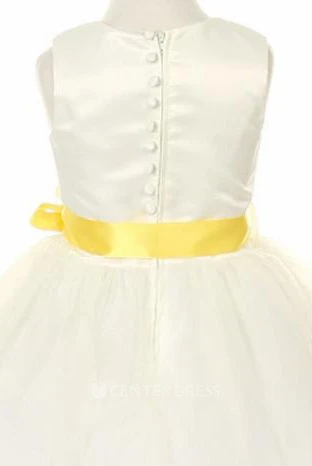 V-Neck Ankle-Length Tiered Tulle&Satin Flower Girl Dress