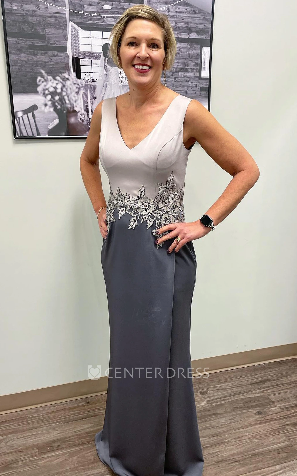 Jersey Plunging Neckline Sheath Garden Mother Of The Bride Dress With Open Back And Appliques