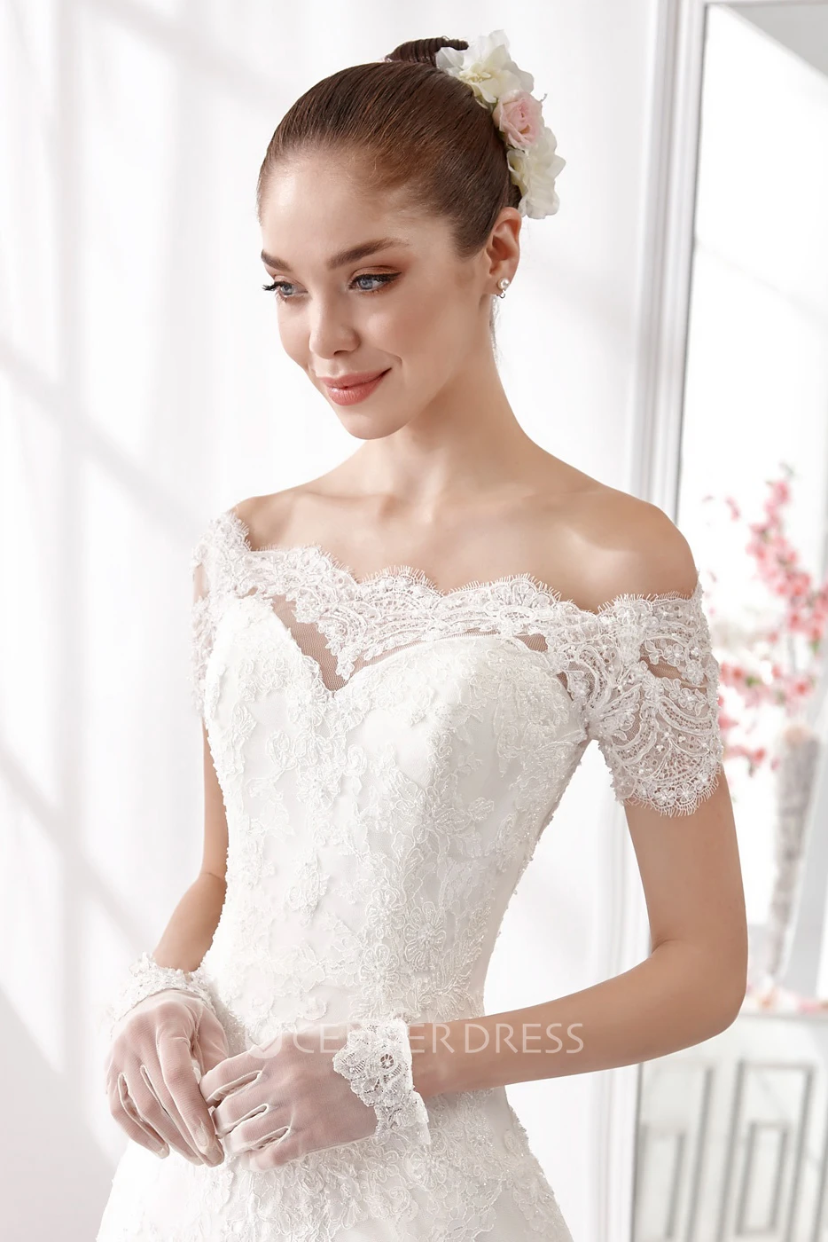 Off-shoulder A-line Wedding Dress with T-shirt Sleeves and Brush Train 