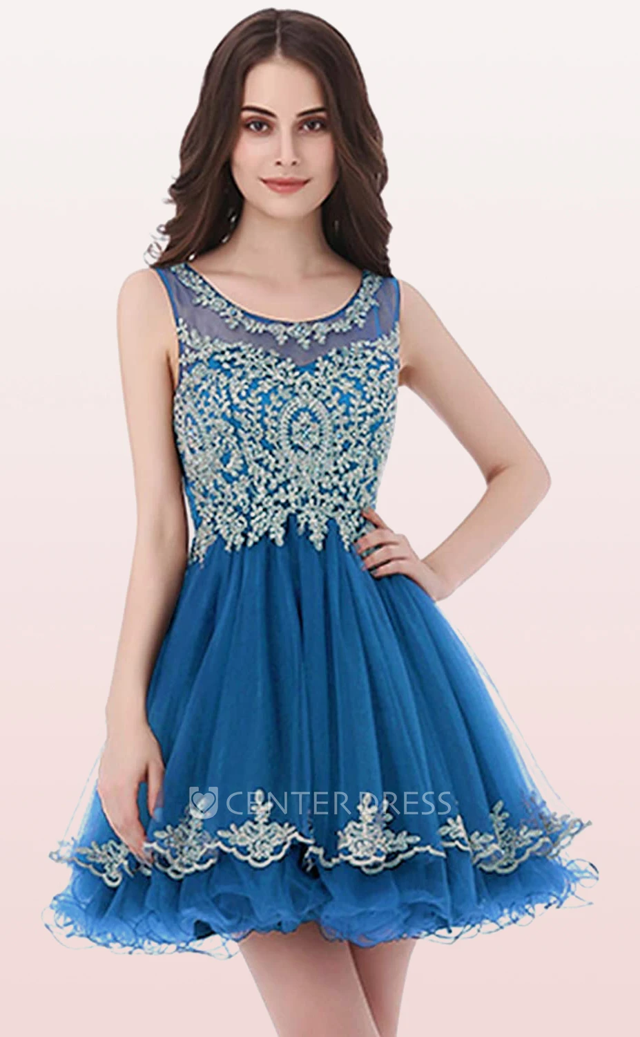 Romantic A Line Tulle Scoop Sleeveless Homecoming Dress with Embroidery