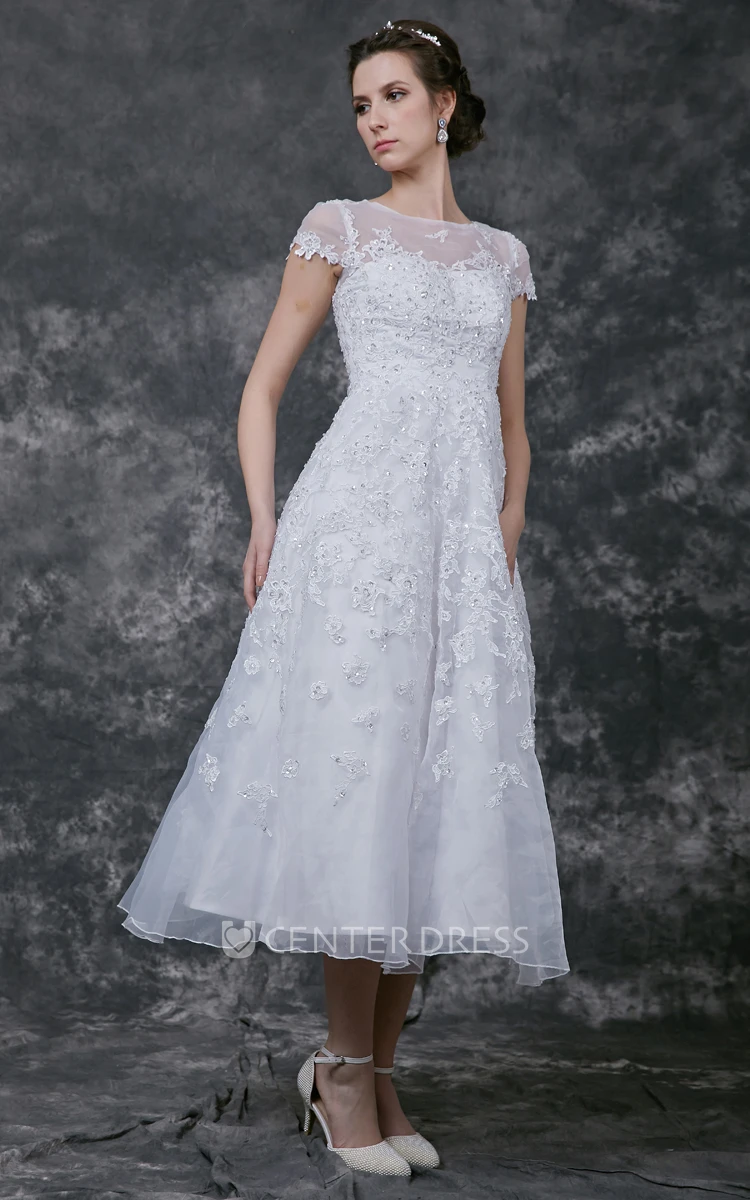 Short Sleeve Tea-length lace Warm Wedding Dress