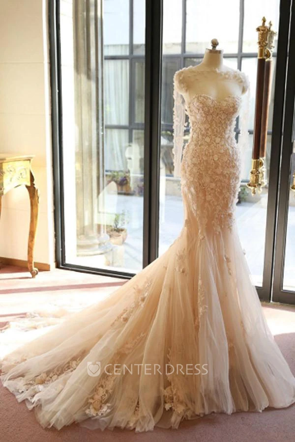 Mermaid Trumpet Sweetheart Lace Tulle Zipper Wedding Gown