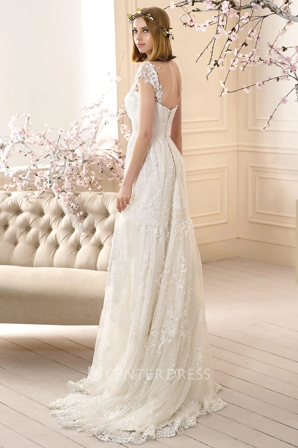 Sheath Long Cap-Sleeve Appliqued Lace Wedding Dress With Pleats