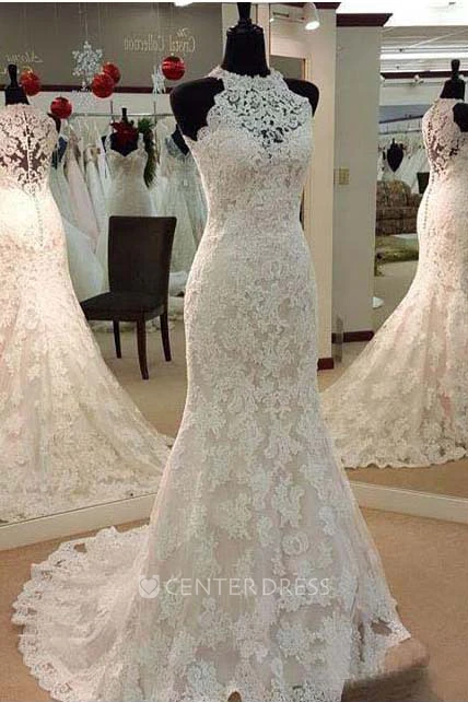 Mermaid Trumpet High Neck Lace Zipper Wedding Dress - UCenter Dress