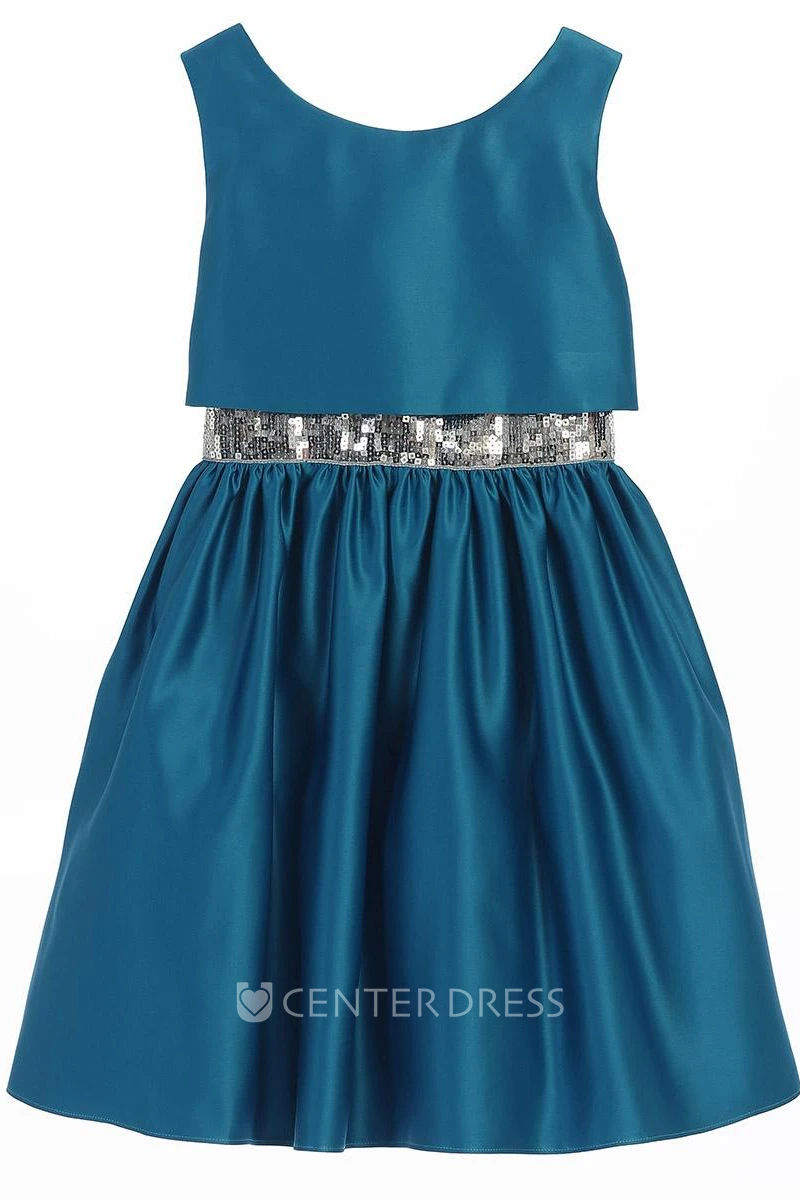 Tea-Length Sleeveless Sequins&Satin Flower Girl Dress