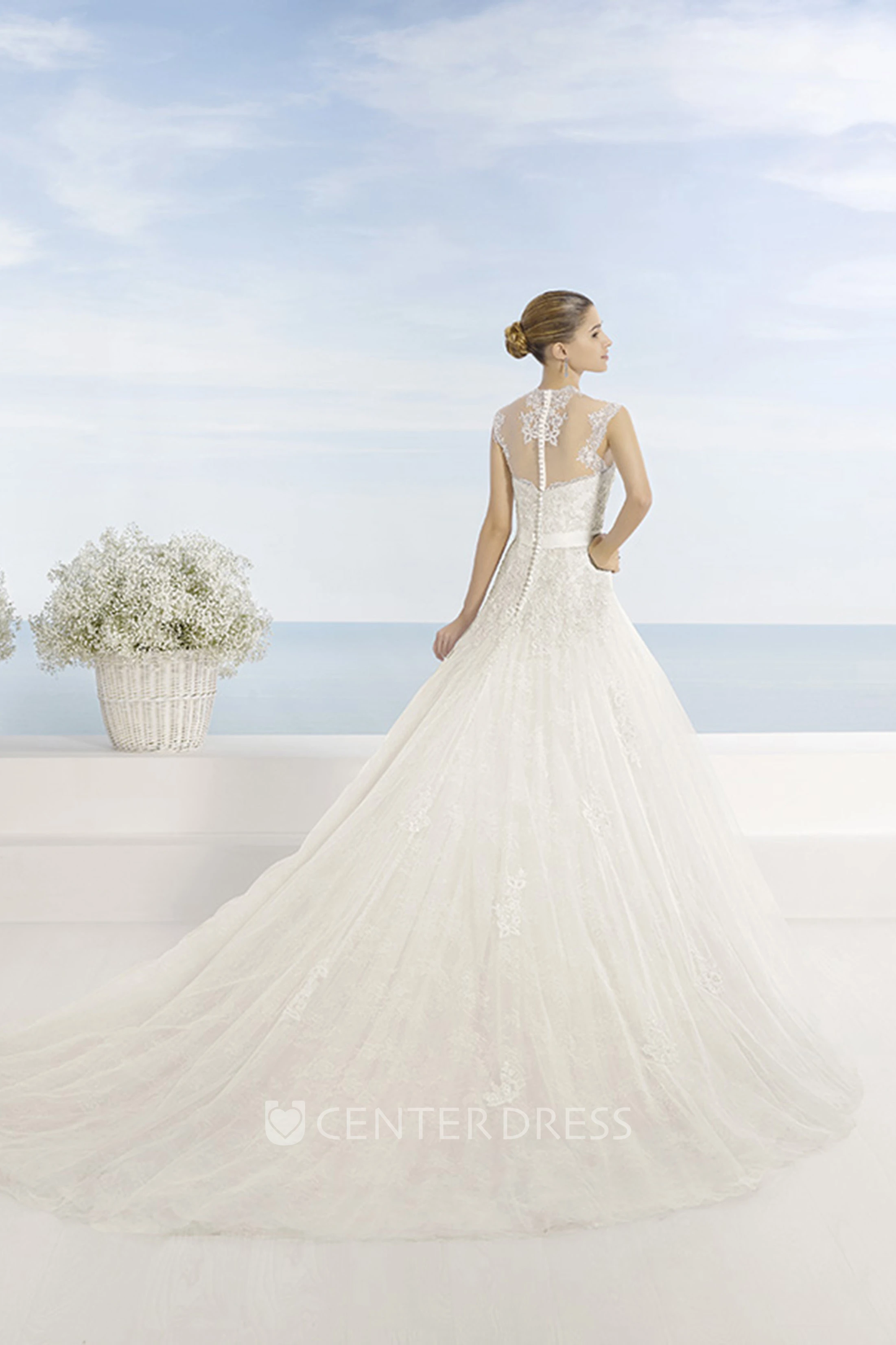 Ball-Gown High Neck Long Sleeveless Appliqued Lace&Tulle Wedding Dress With Waist Jewellery And Illusion Back