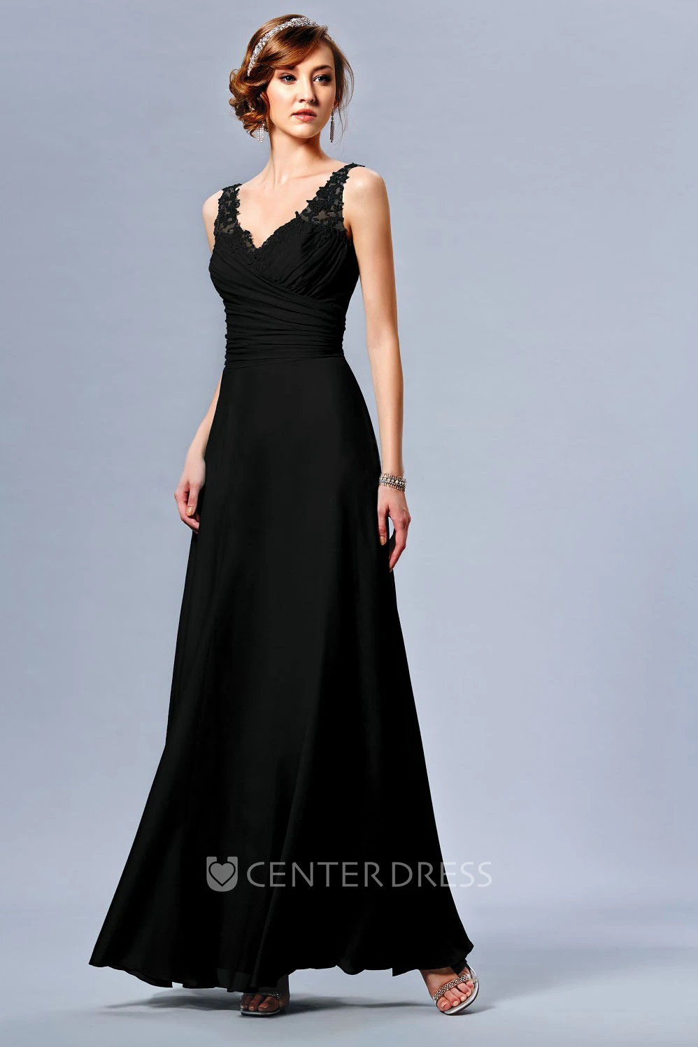 Sleeveless V-Neck Long Bridesmaid Dress With Appliqued Straps