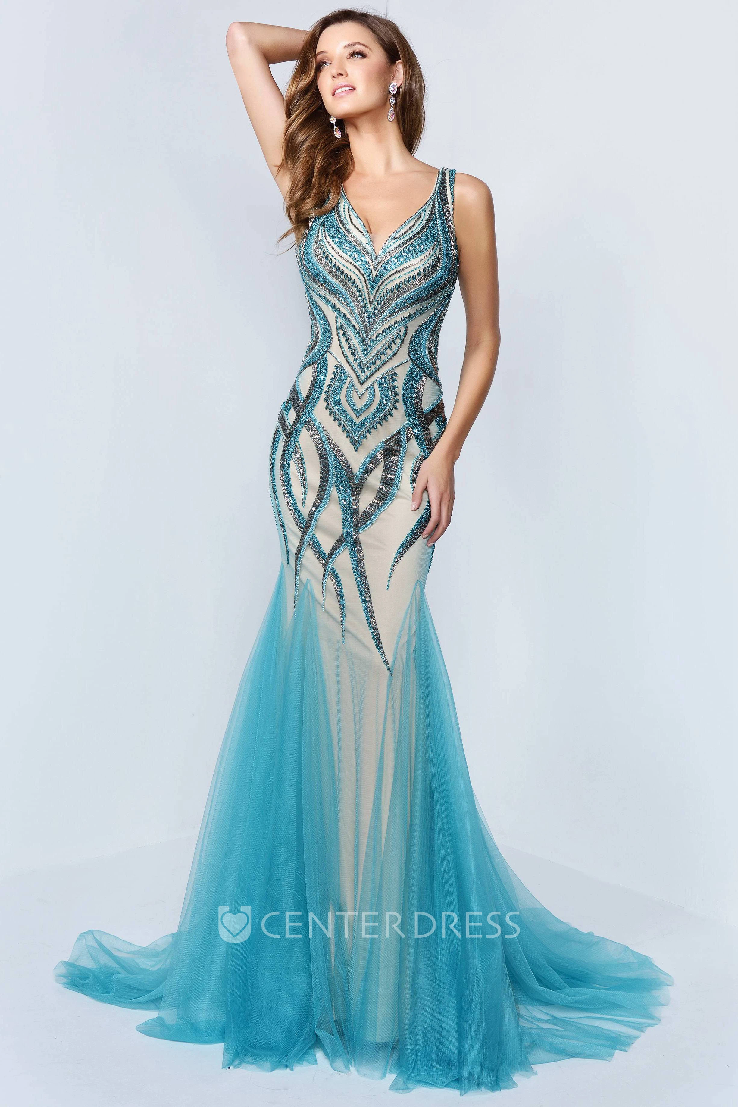 Mermaid V-Neck Sleeveless Tulle Low-V Back Dress With Beading And Pleats