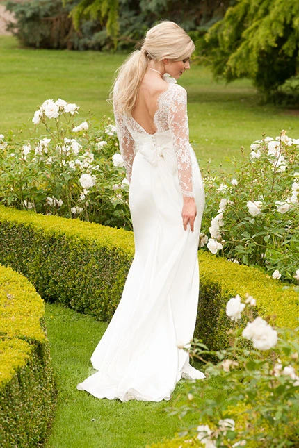 Long High Neck Long-Sleeve Floral Chiffon Wedding Dress With Sweep Train And V Back