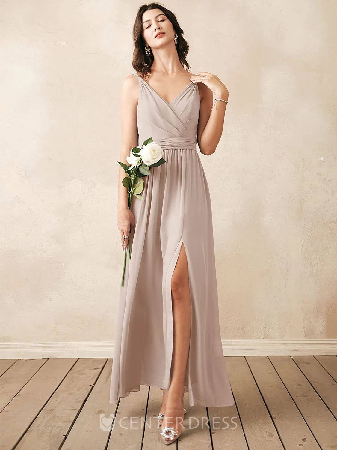 Sexy Chiffon Ankle-length V-neck A Line Sleeveless Bridesmaid Dress With Ruching