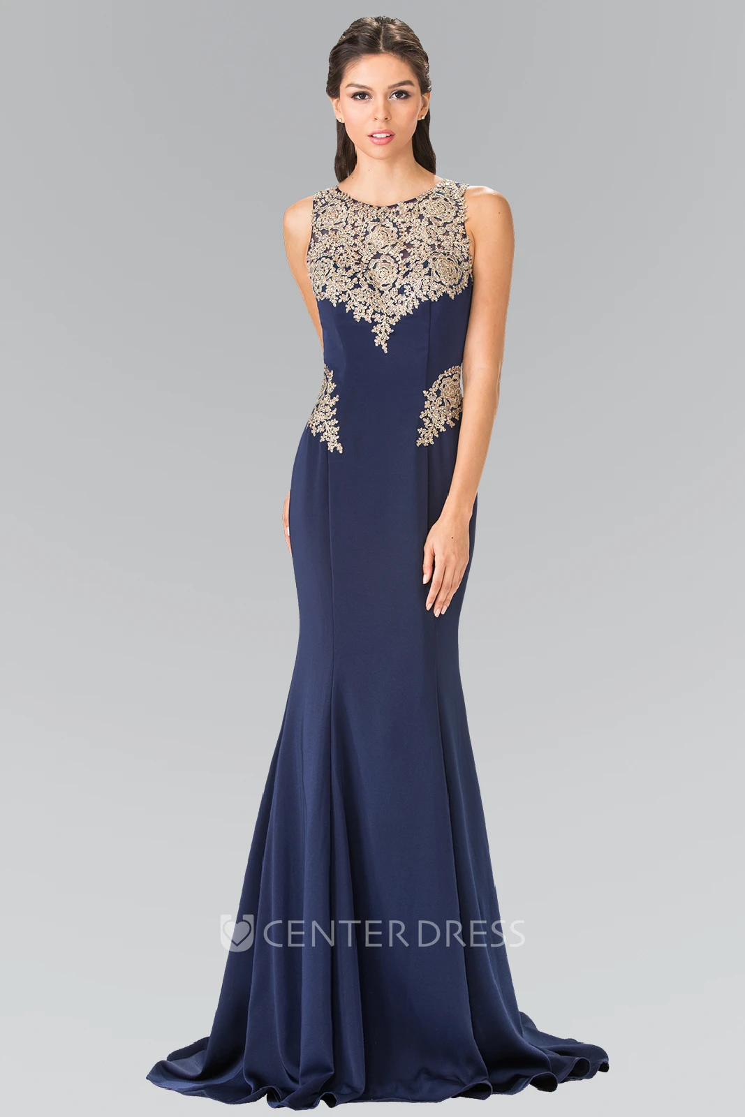 Sheath Maxi Scoop-Neck Sleeveless Jersey Brush Train Dress With Beading