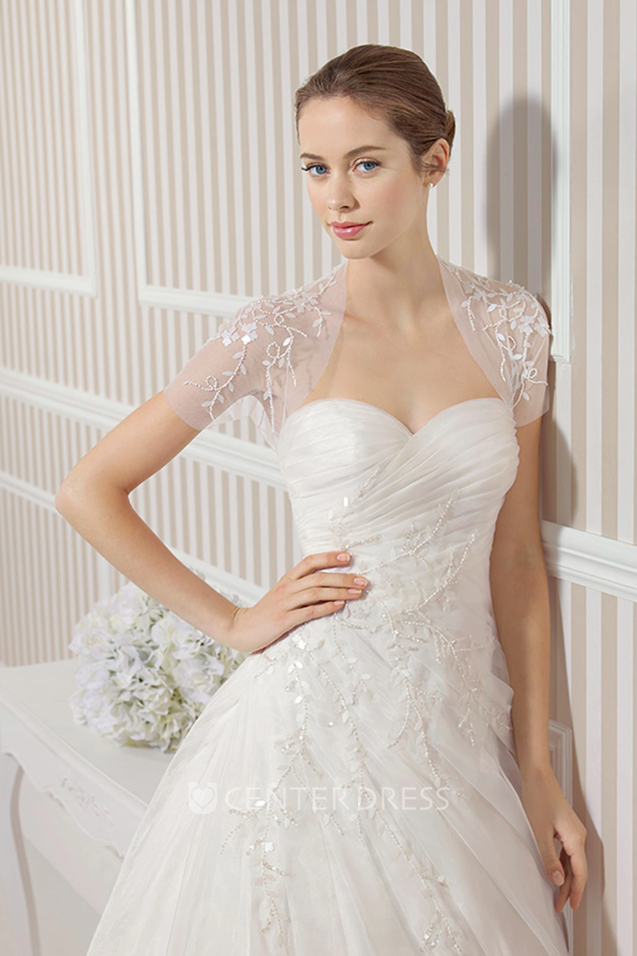 A-Line Draped Sweetheart Long Organza Wedding Dress With Criss Cross And Cape