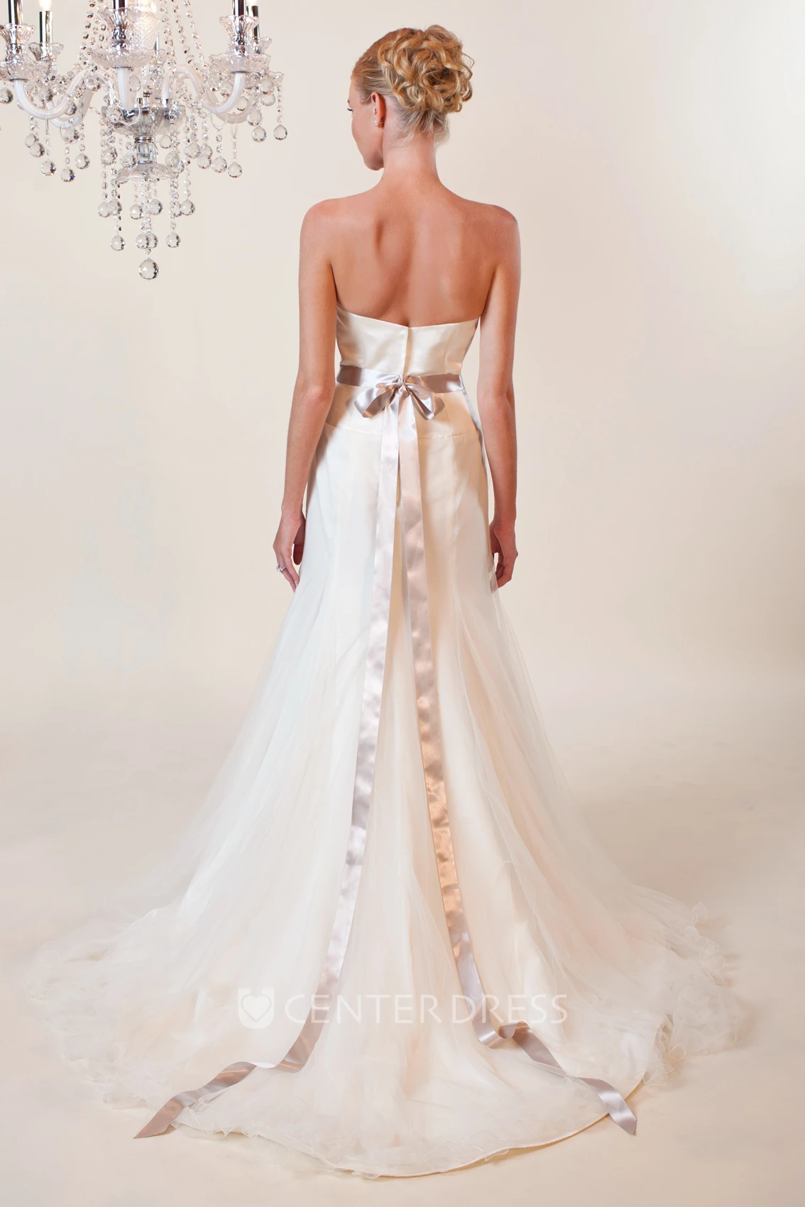 Mermaid Sleeveless Strapless Maxi Floral Tulle Wedding Dress With Bow And Beading