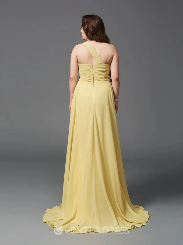 A-line Floor-length One-shoulder Sleeveless Chiffon Beading Ruching Draping Dress