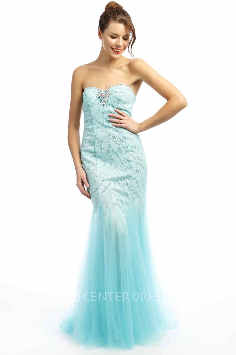 Mermaid Sweetheart Sleeveless Maxi Beaded Tulle Prom Dress
