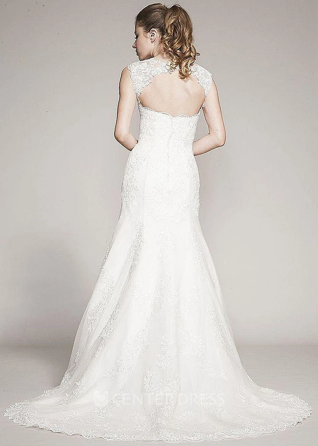 A-Line Queen-Anne Appliqued Floor-Length Lace Wedding Dress With Beading