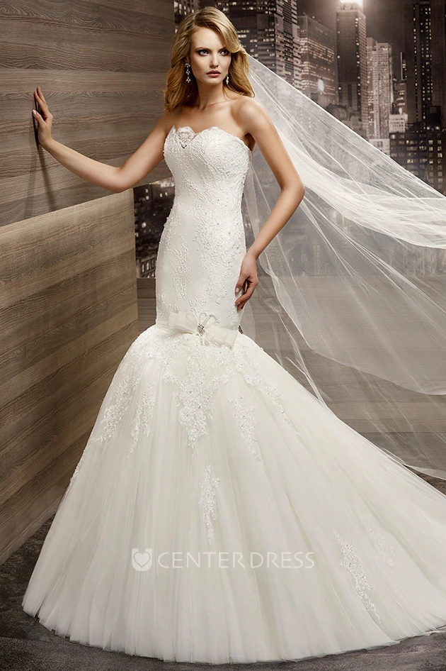 Strapless Sheath Mermaid Lace Gown with Flower Embellishment